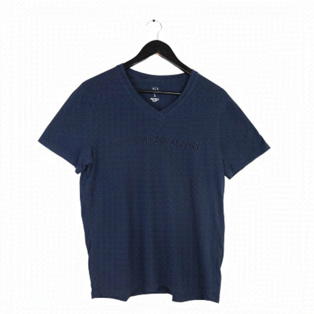 ARMANI EXCHANGE Shirt V-neck Spell Out Graphic Short Sleeve Dark Navy Blue